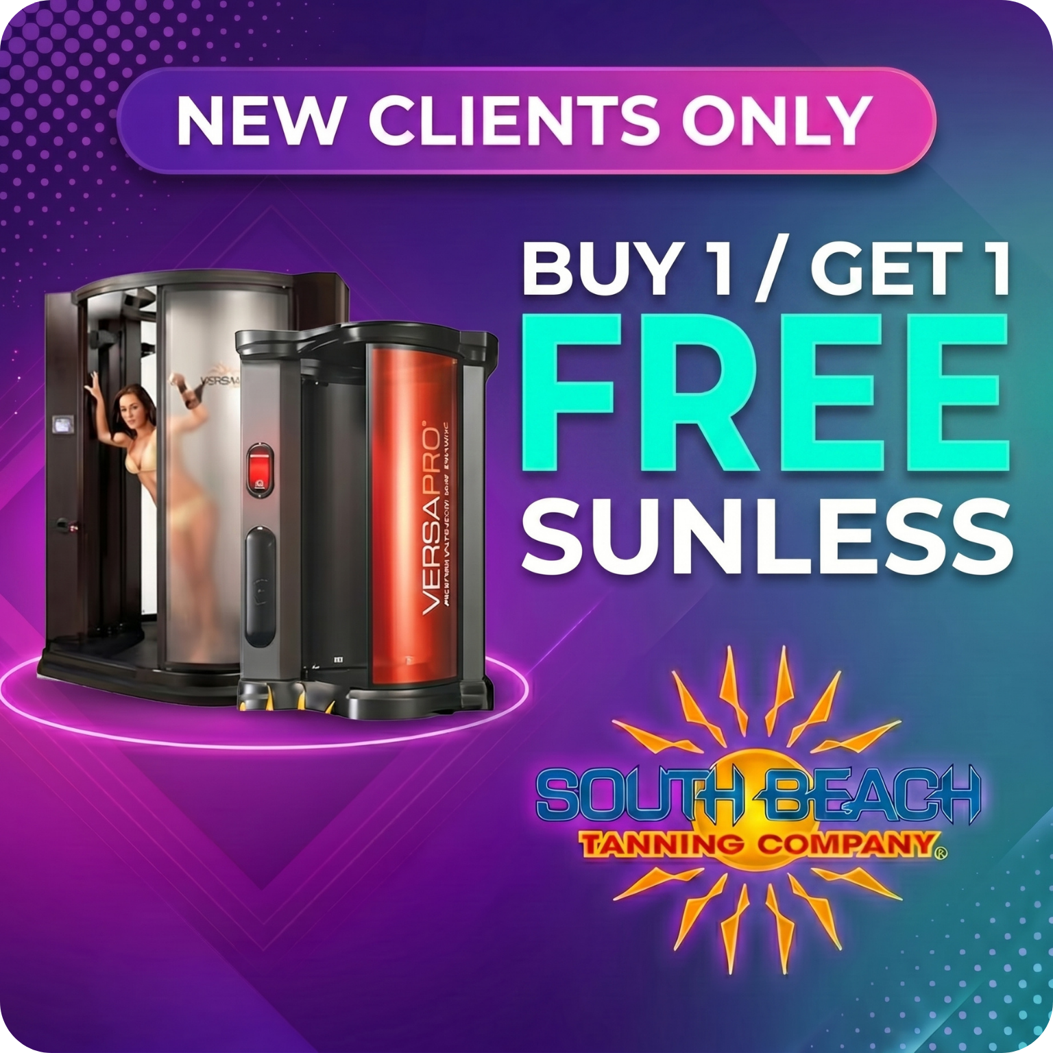 New clients only, buy one get one free sunless offer at South Beach Tanning Company