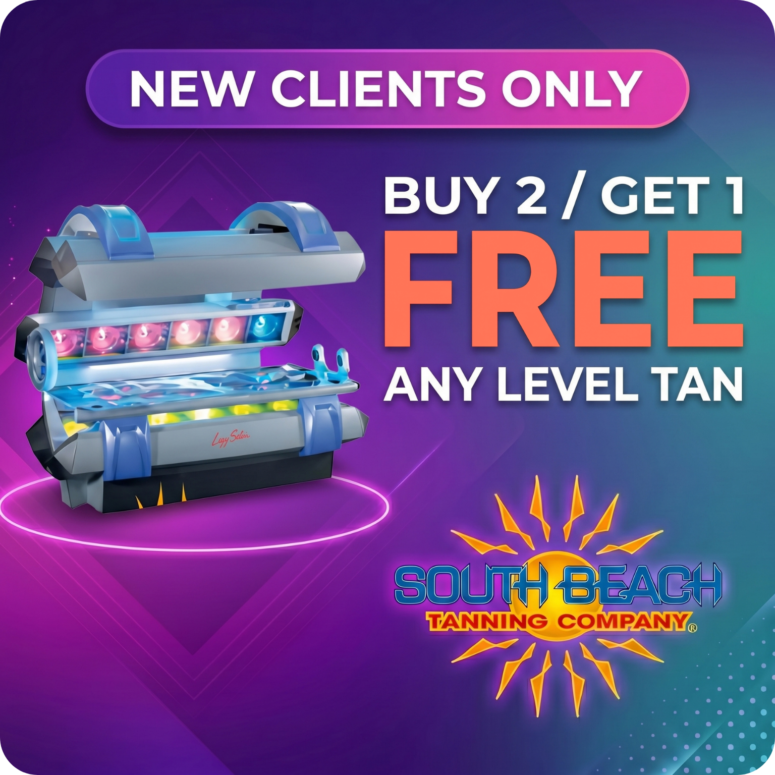 New clients only, buy two get one free any level tan at South Beach Tanning Company